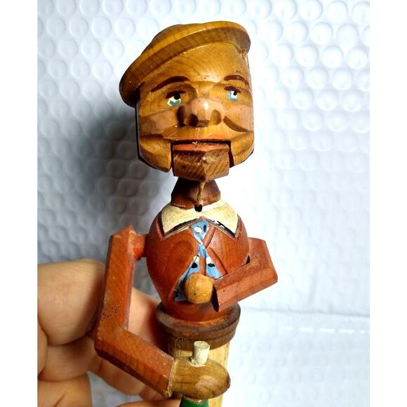ANRI Mechanical Drinking Man With Long Flask Bottle Stopper Carved Wood Vintage